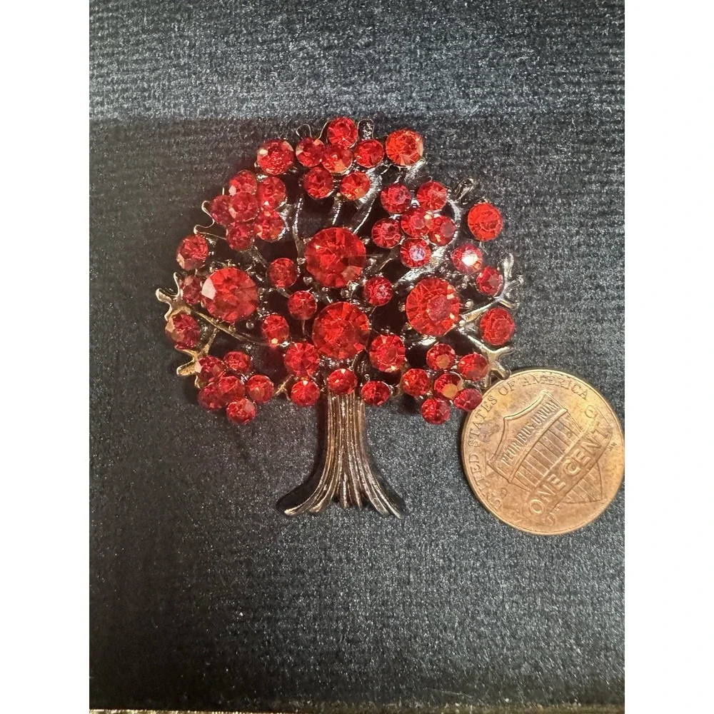 Vintage Red Rhinestone Tree Brooch Silver Tone Figural Statement Pin